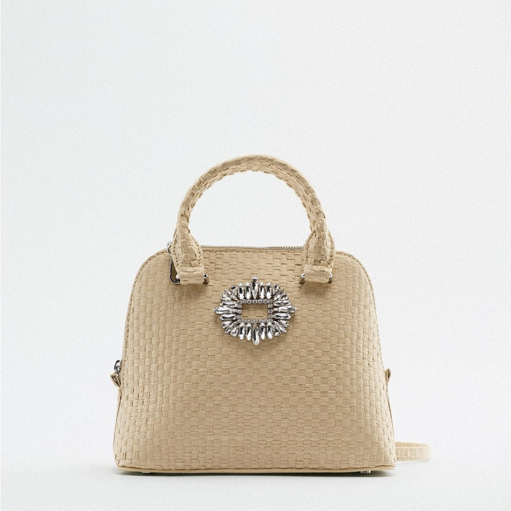 ZARA Beige Woven Handbag with Embellishment